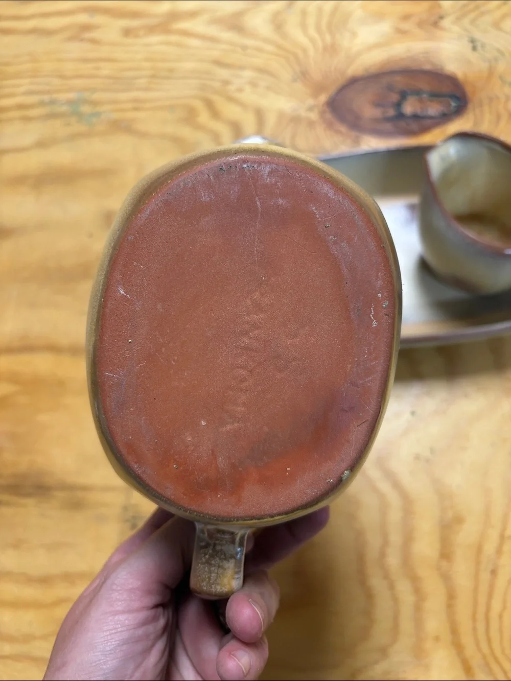 Frankoma tan and brown ceramic gravy set with platter